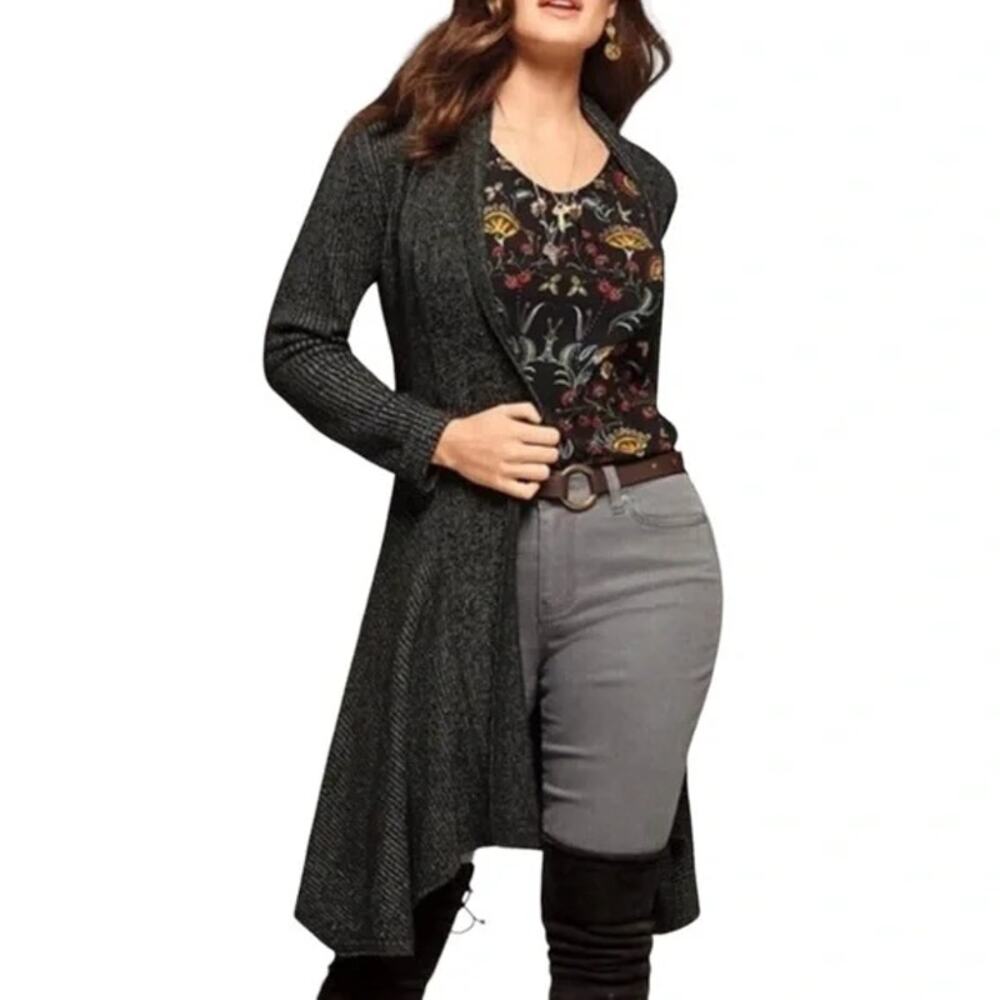 Cabi Cloak Knit Open Front Long Cardigan Duster Black Marled‎ Womens Medium